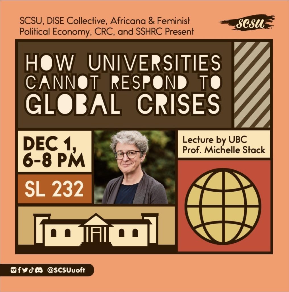 Poster of the lecture "How Universities Cannot Respond to Global Crises" by Prof. Michelle Stack
